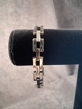 Marked 925 Sterling Silver Geometric Rectangular Chunky Links 7.5" Bracelet VG